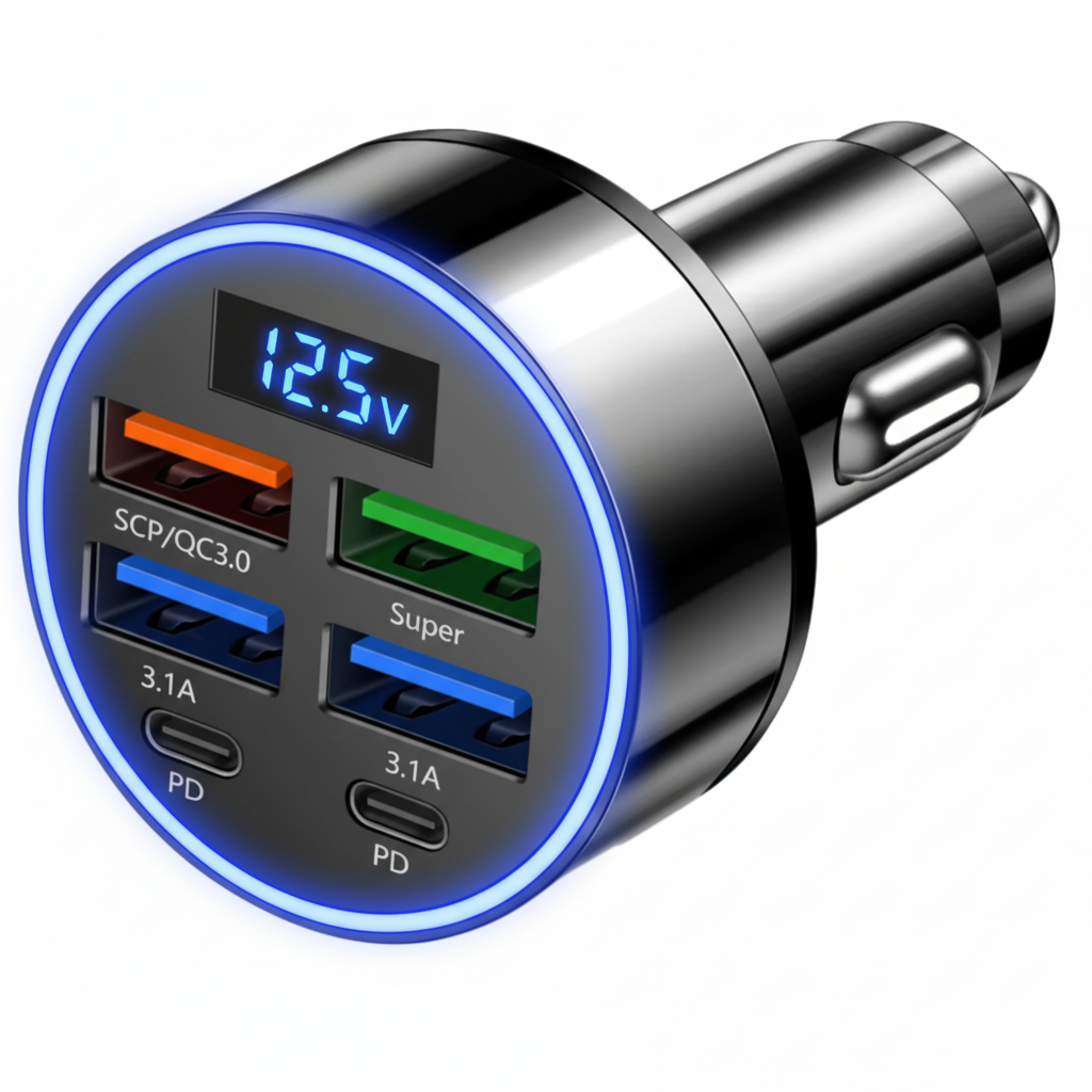 Chargeur voiture USB vue trois-quarts